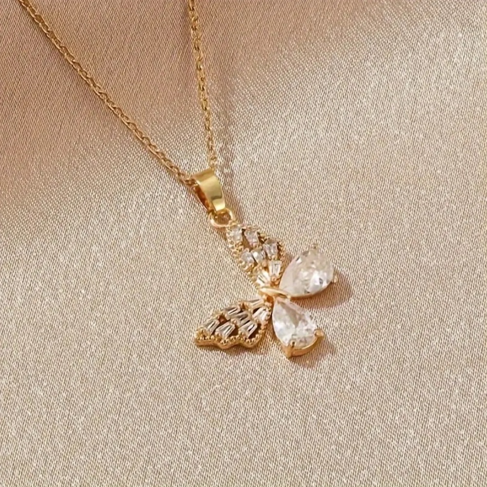 Gold Plated Stainless Steel Butterfly Rhinestone Necklace